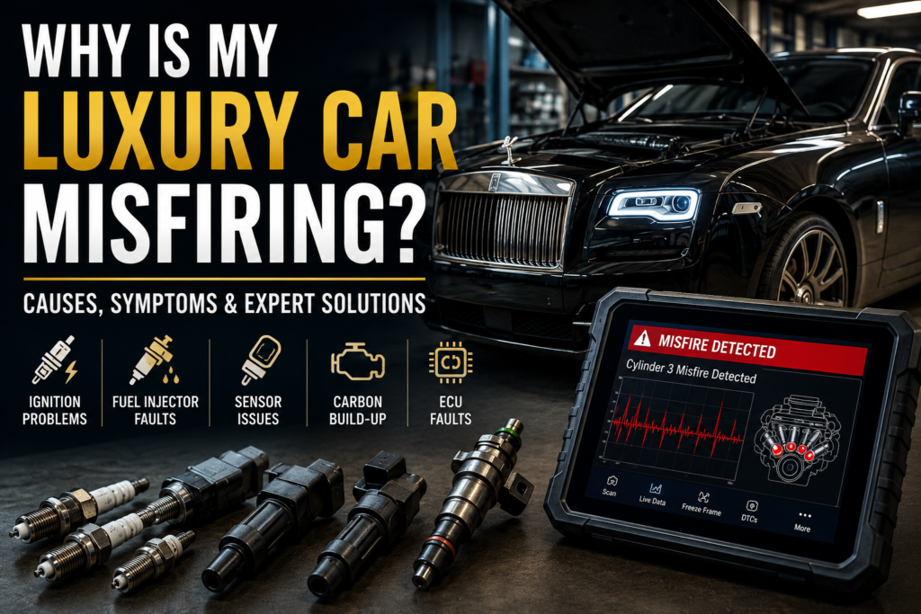 Luxury car engine misfire diagnostics showing a Rolls-Royce with engine warning signs and professional diagnostic equipment