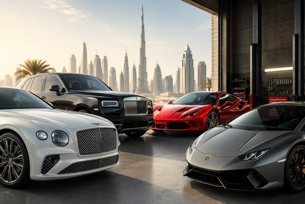 Luxury cars including Bentley, Rolls-Royce, Ferrari, and Lamborghini inside a premium auto repair garage in Dubai with the city skyline in the background, representing luxury car servicing and maintenance.