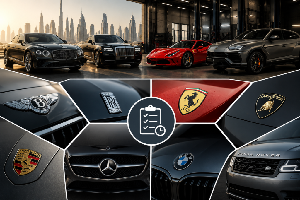 Brand-by-brand luxury car service interval guide featuring Bentley, Rolls-Royce, Ferrari, Lamborghini, Porsche, Mercedes-Benz, BMW, and Range Rover in a premium Dubai auto workshop, highlighting multi-brand maintenance and servicing.