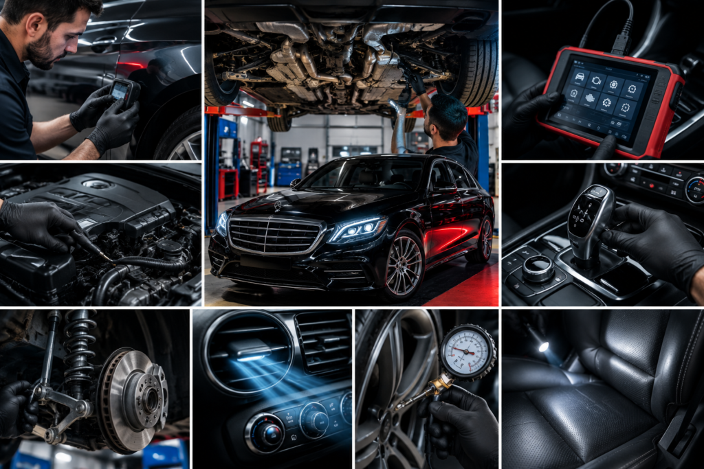 Full pre-purchase inspection checklist for a used luxury car, showing professional checks of the engine, undercarriage, diagnostics, transmission, suspension, brakes, AC, tyres, and interior.