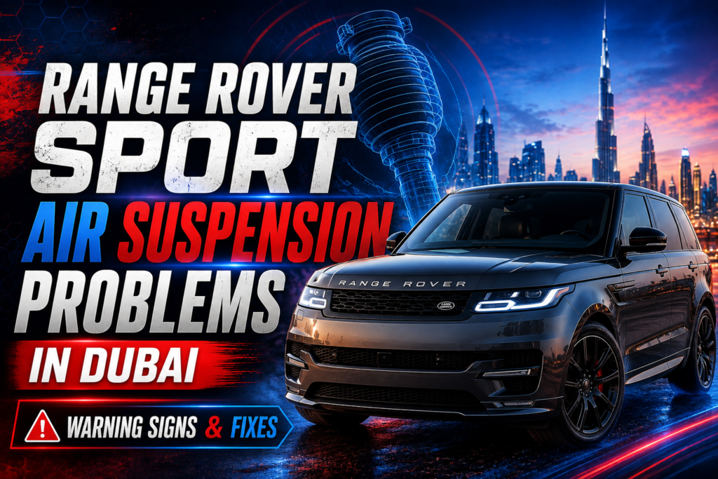 Range Rover Sport air suspension problems in Dubai, showing a luxury SUV with air suspension warning graphics.