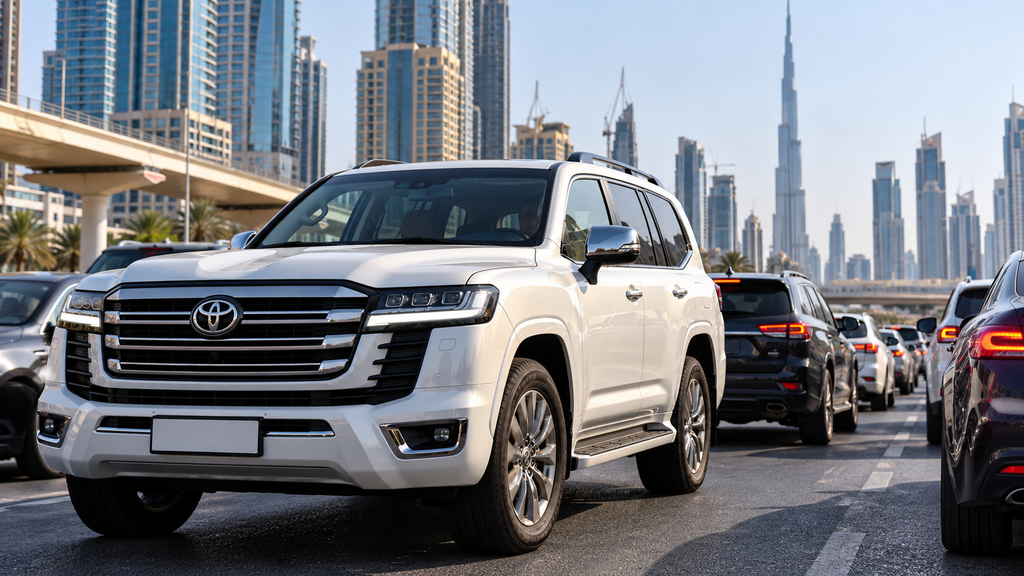 White Toyota Land Cruiser LC300 experiencing low-speed turbo hesitation in heavy Dubai traffic.