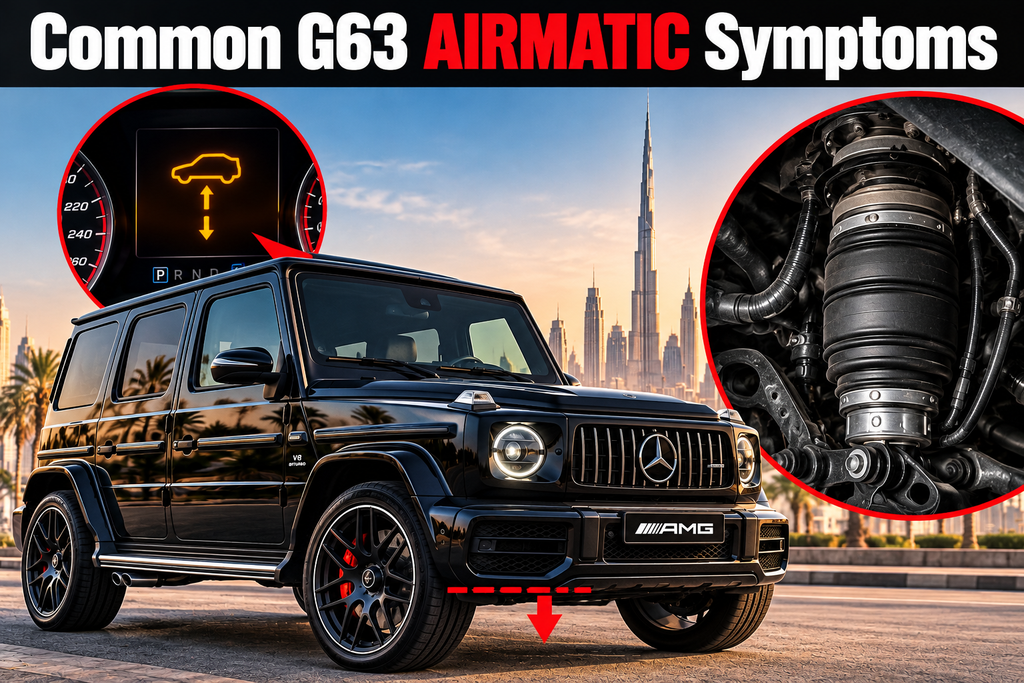 Mercedes G63 AMG with Dubai skyline, AIRMATIC suspension strut, suspension warning icon, and visual indicators of common air suspension symptoms.