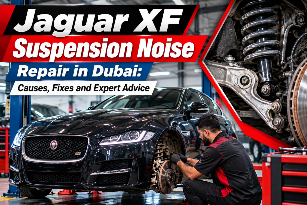 Jaguar XF suspension noise repair in Dubai, showing a black Jaguar XF with the front suspension exposed and a mechanic inspecting the suspension system in an automotive workshop.