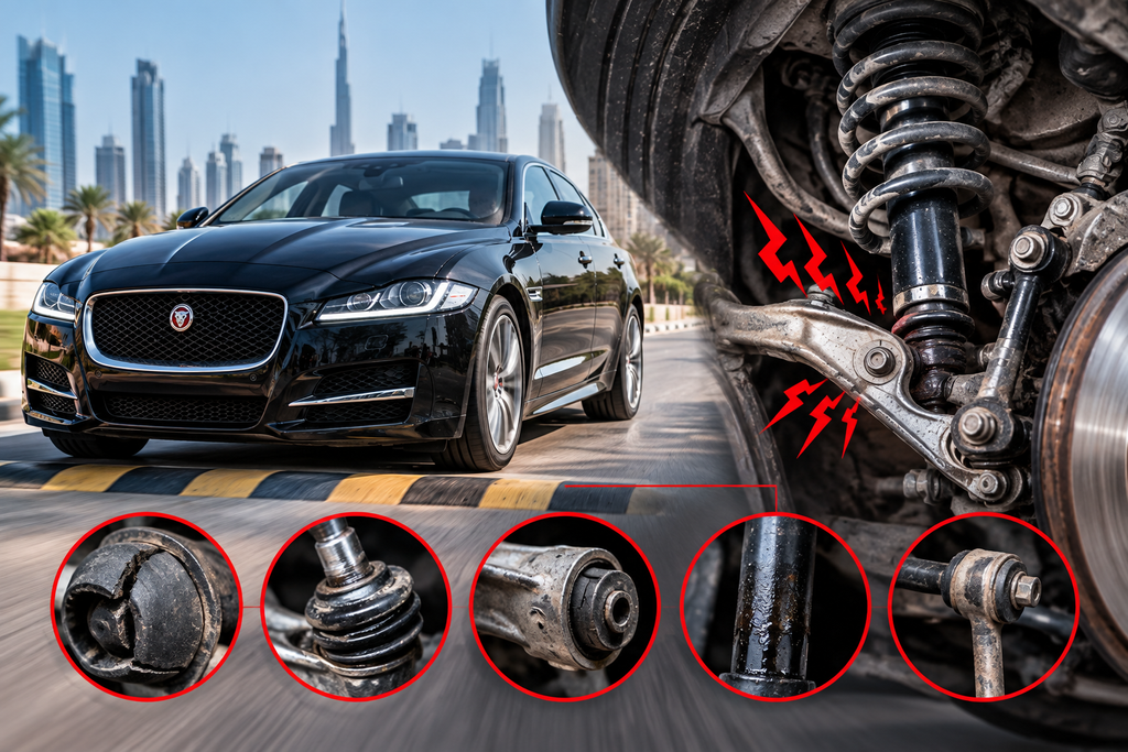 Jaguar XF suspension system showing worn components, including the strut, spring, control arm and suspension joints, illustrating common causes of suspension noise in Dubai.