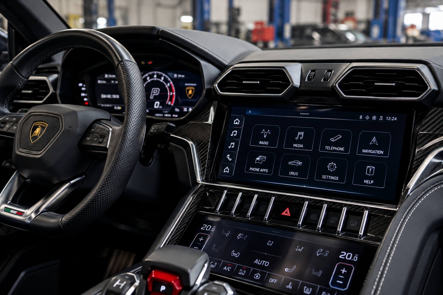 Lamborghini Urus MMI infotainment system showing multimedia, navigation, Bluetooth, and climate control settings inside a luxury car workshop.