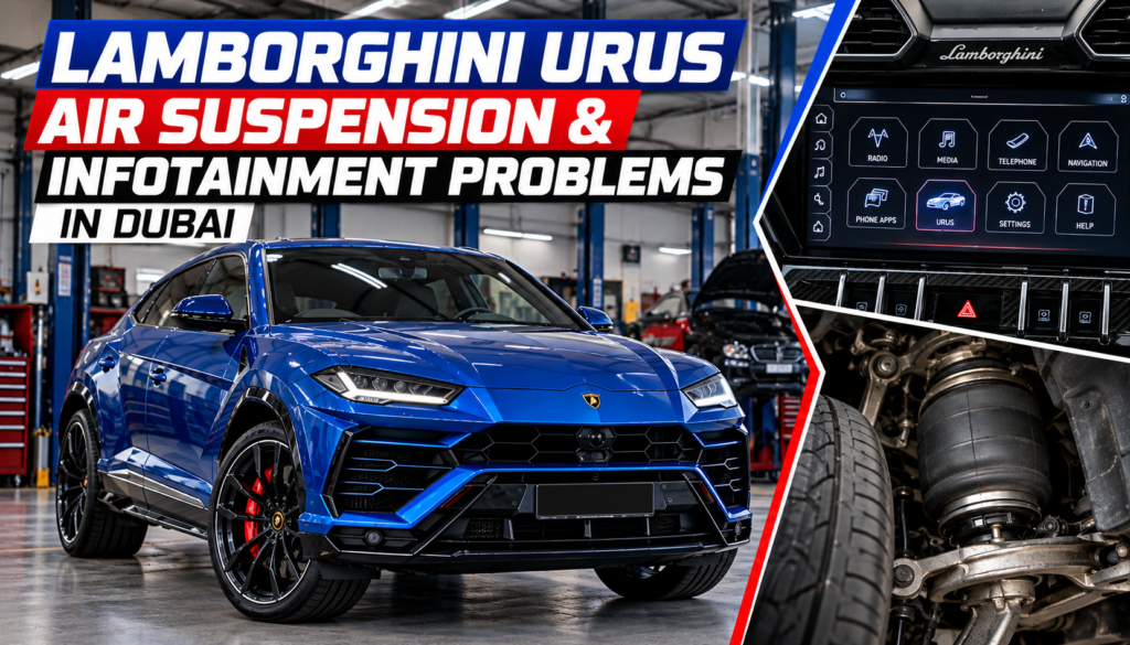 Lamborghini Urus air suspension and infotainment problems in Dubai, featuring a blue Urus inside a professional car repair workshop.