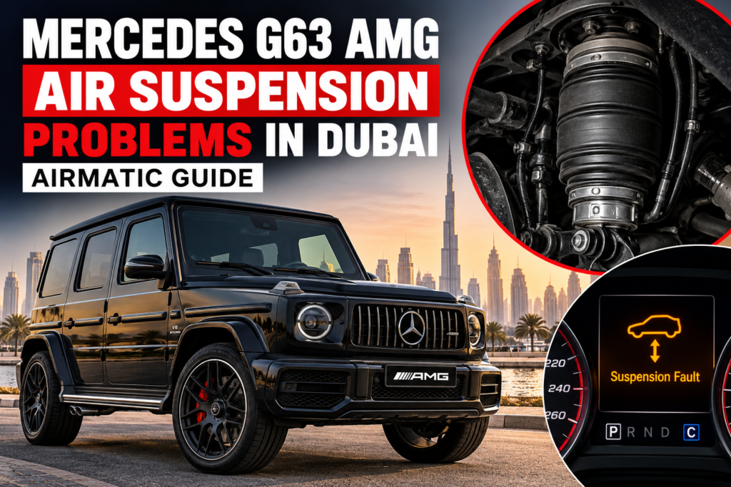 Mercedes G63 AMG with Dubai skyline, showing AIRMATIC air suspension components and a suspension fault warning.
