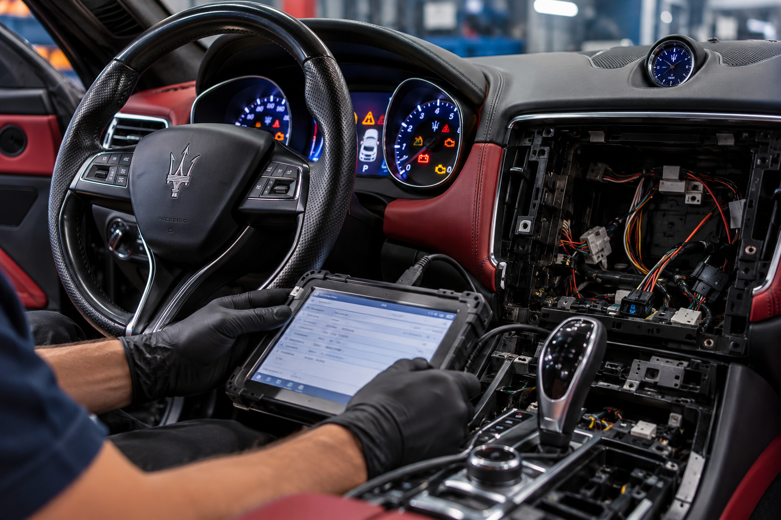 Maserati Levante electrical diagnostics and dashboard warning lights inspection in Dubai